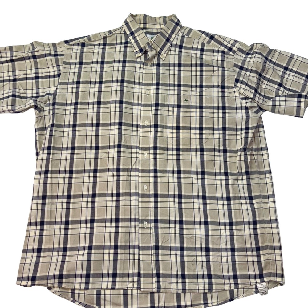 Lacoste Shirt Plaid Button Down‎ Short Sleeve Shirt Beige Blue Men's Size XL